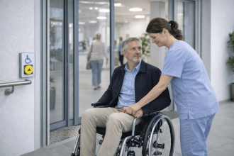 Сотрудник помогает посетителю у входа