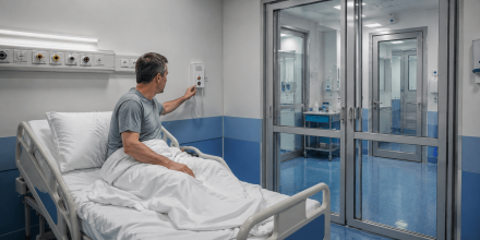 Пациент находится в изолированном боксе рядом с панелью вызова.